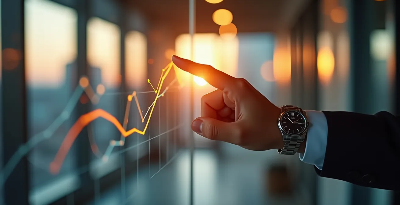 Main d'analyste pointant vers des courbes de croissance sur écran avec reflets dorés