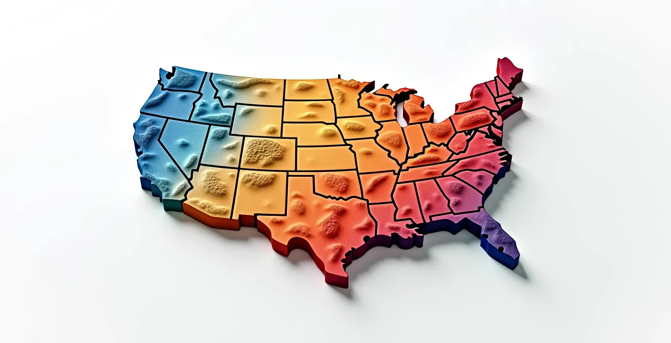 Carte thermique des États-Unis montrant les flux migratoires internes avec gradient de couleurs