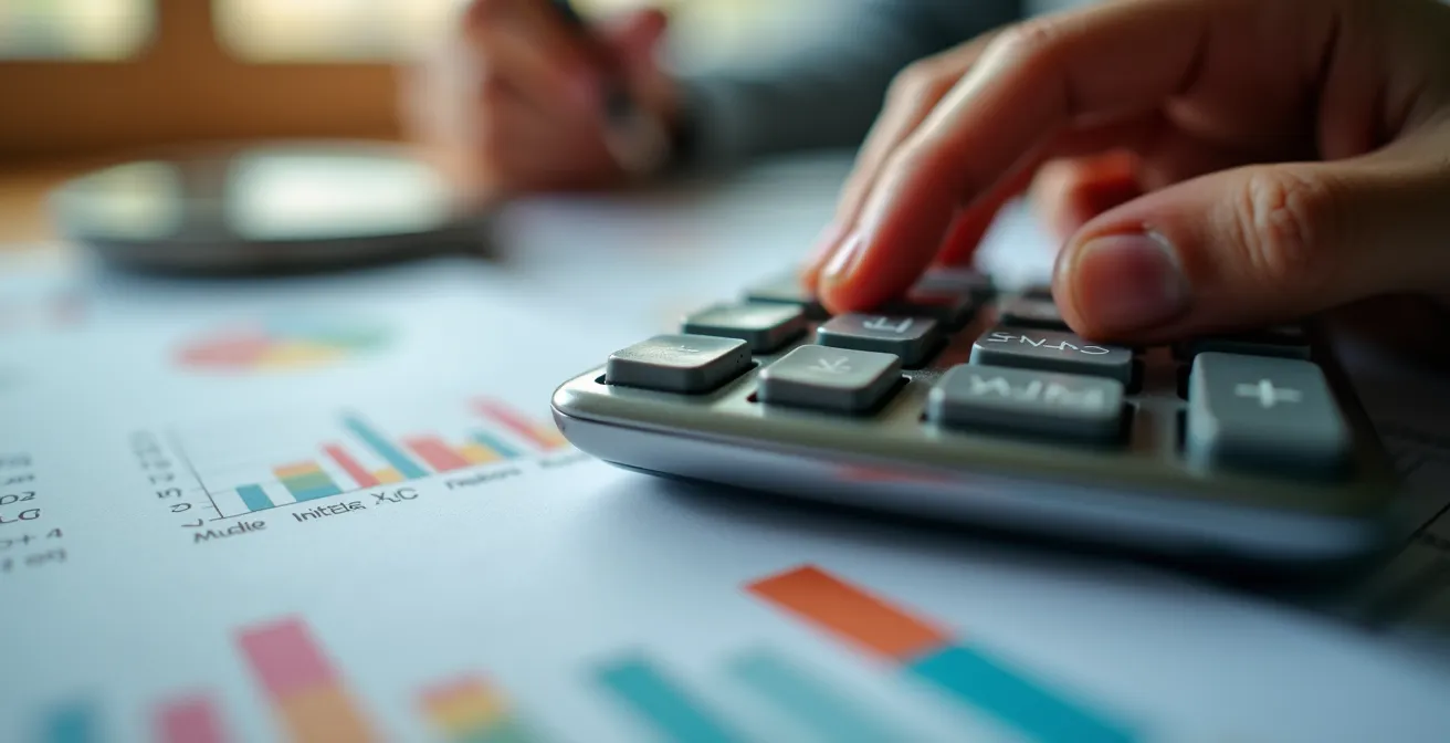 Bureau épuré avec calculatrice professionnelle et graphiques financiers en arrière-plan flou