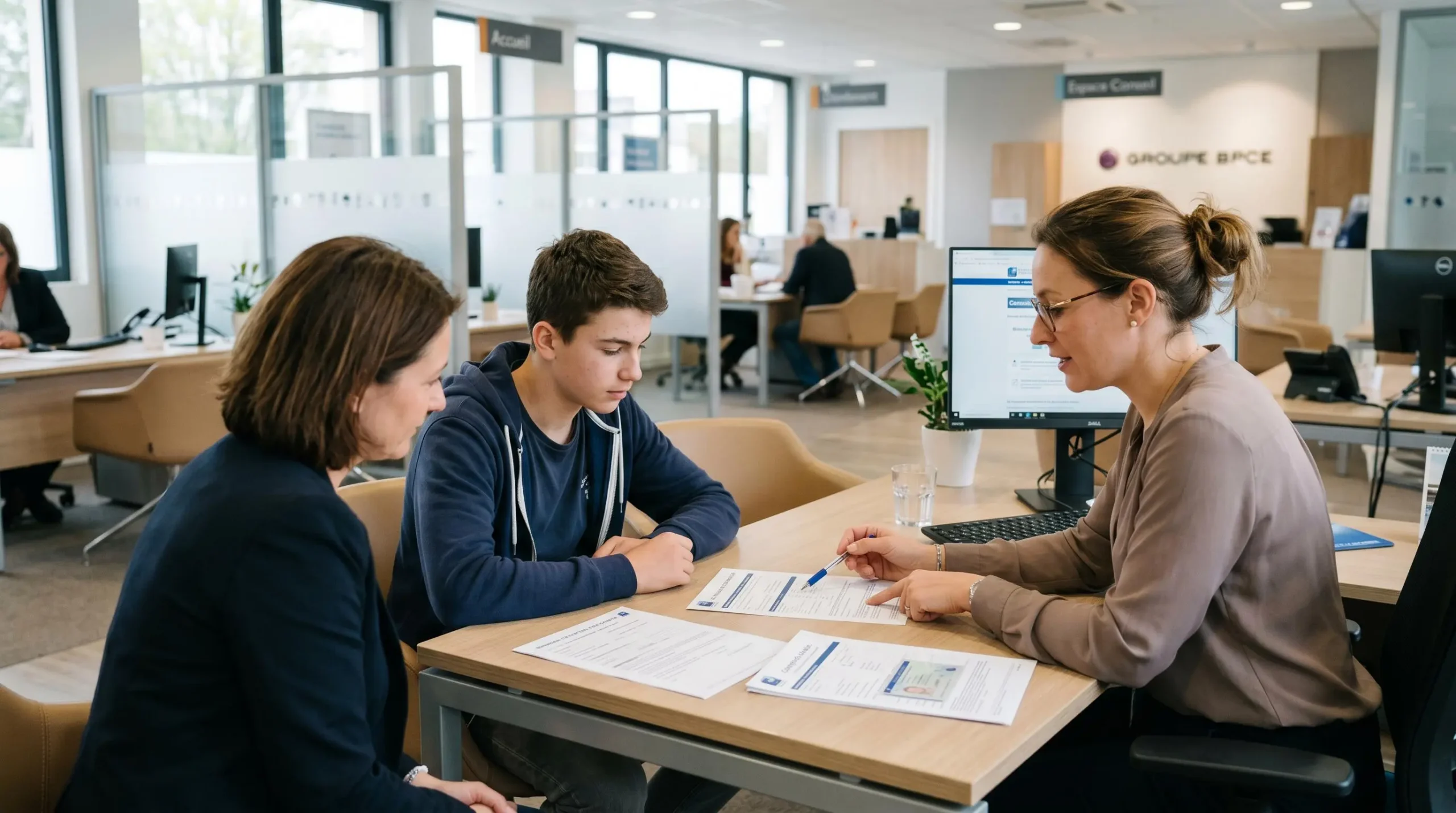 Adolescent accompagné d'un parent en rendez-vous avec un conseiller bancaire dans une agence moderne, consultation de documents d'ouverture de compte