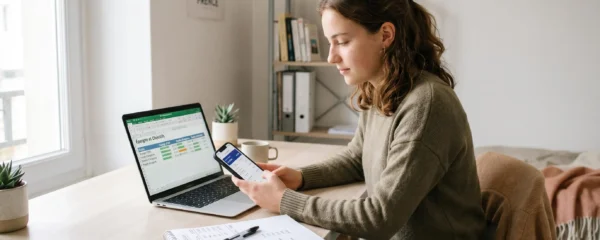 Jeune personne consultant une application bancaire mobile sur smartphone à son bureau d'étudiant, avec ordinateur portable et carnet de budget manuscrit, dans une chambre lumineuse contemporaine