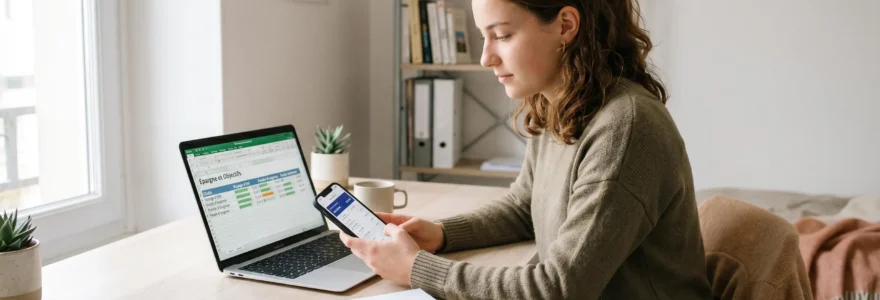 Jeune personne consultant une application bancaire mobile sur smartphone à son bureau d'étudiant, avec ordinateur portable et carnet de budget manuscrit, dans une chambre lumineuse contemporaine