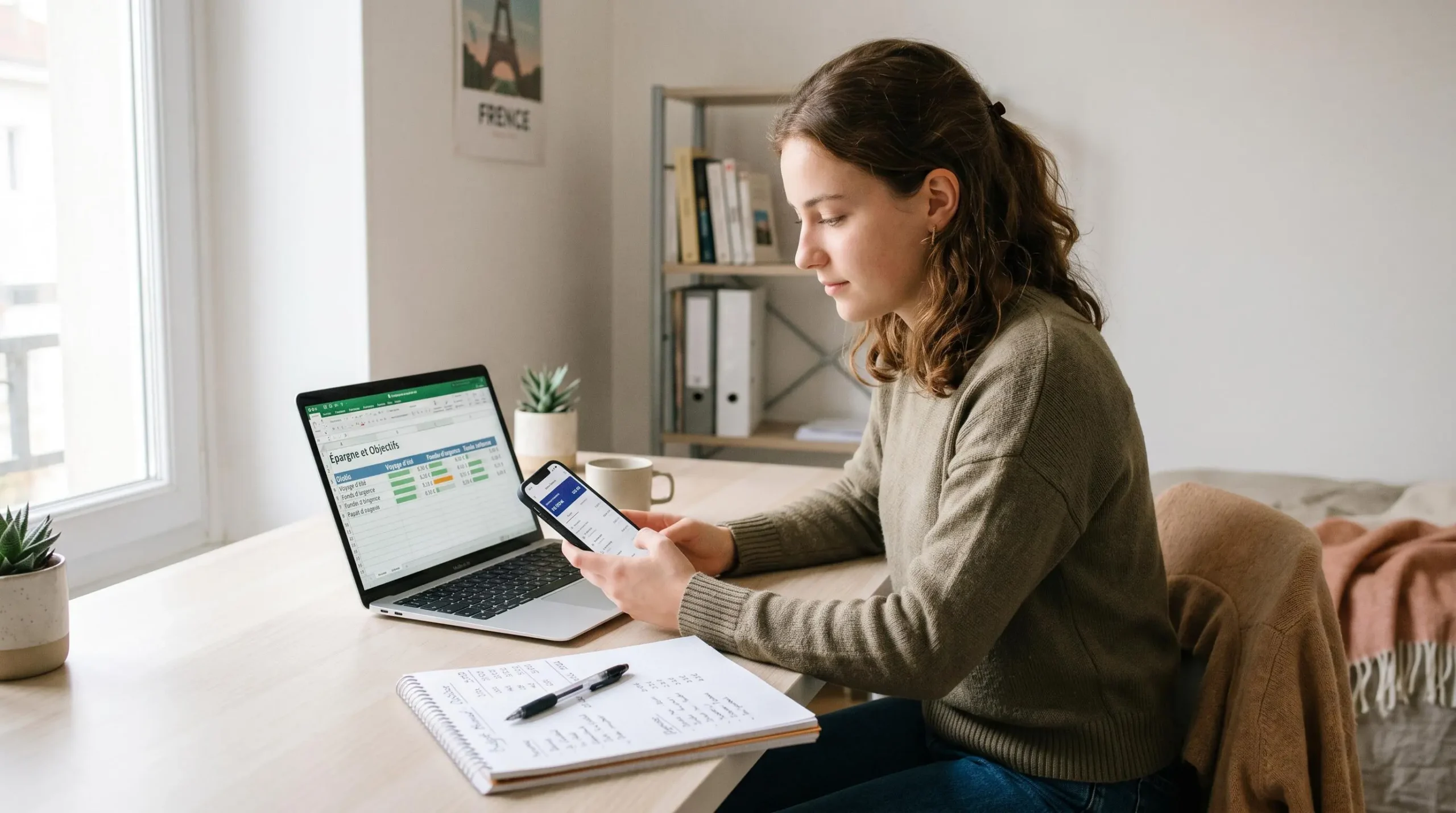 Jeune personne consultant une application bancaire mobile sur smartphone à son bureau d'étudiant, avec ordinateur portable et carnet de budget manuscrit, dans une chambre lumineuse contemporaine