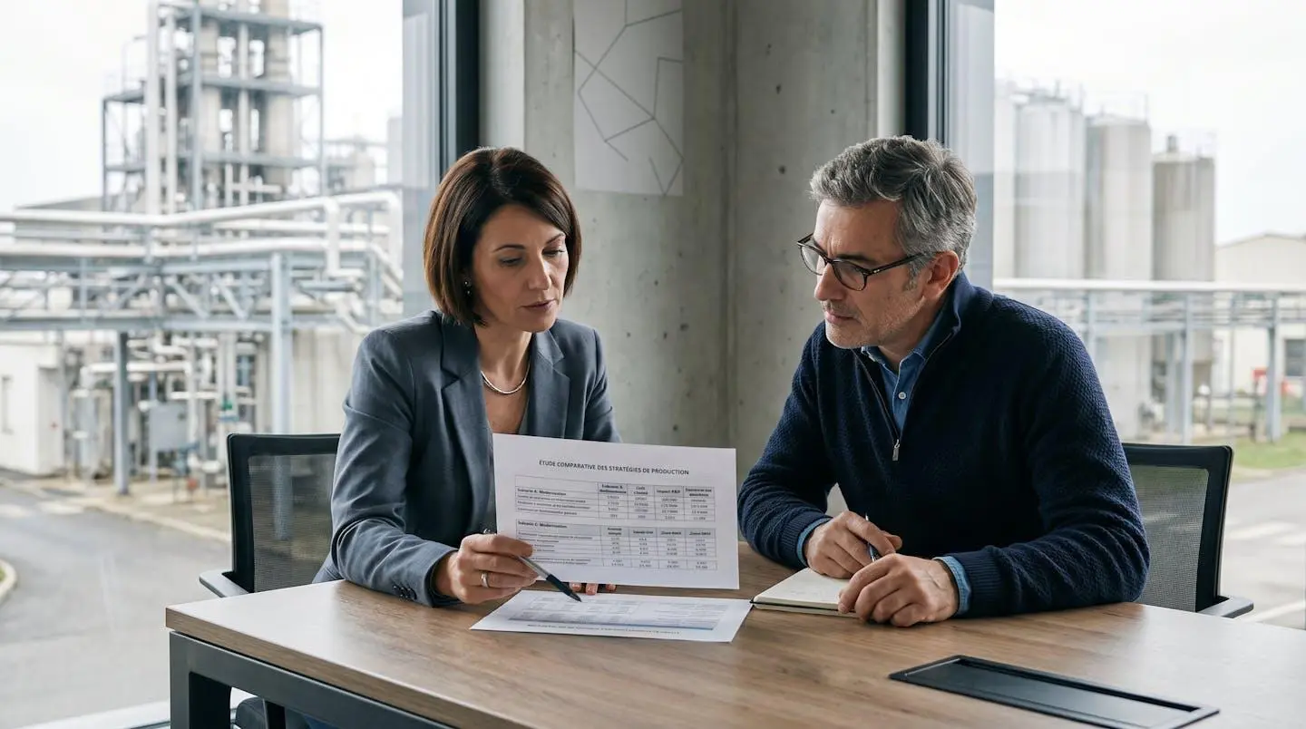 Deux professionnels examinent ensemble un document de stratégie de financement dans un bureau d'entreprise industrielle