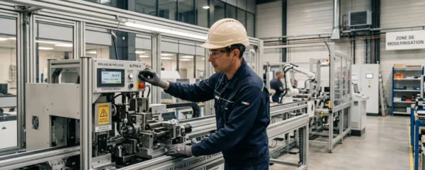 Technicien procédant au réglage d'une machine-outil neuve dans un atelier industriel français moderne en phase de modernisation