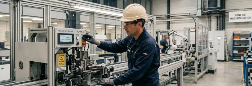 Technicien procédant au réglage d'une machine-outil neuve dans un atelier industriel français moderne en phase de modernisation