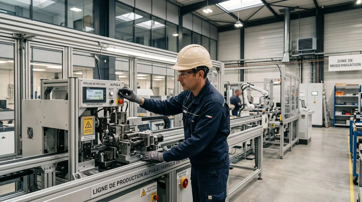 Technicien procédant au réglage d'une machine-outil neuve dans un atelier industriel français moderne en phase de modernisation