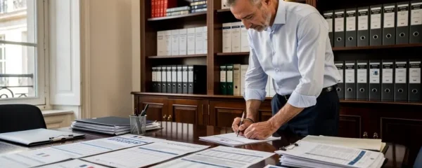 Conseiller économique senior du Ministère de l'Économie annotant des rapports officiels sur les taux d'intérêt dans son bureau à Bercy