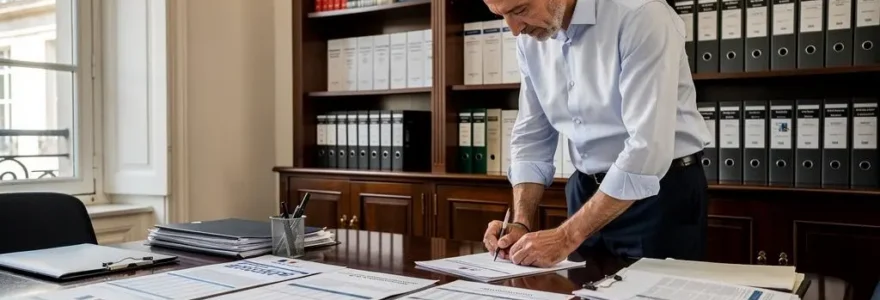 Conseiller économique senior du Ministère de l'Économie annotant des rapports officiels sur les taux d'intérêt dans son bureau à Bercy