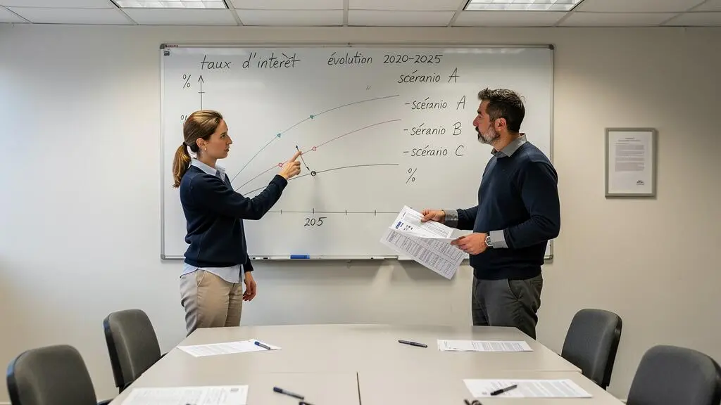 Deux économistes de la direction du Trésor analysant ensemble des graphiques d'évolution des taux sur un tableau blanc